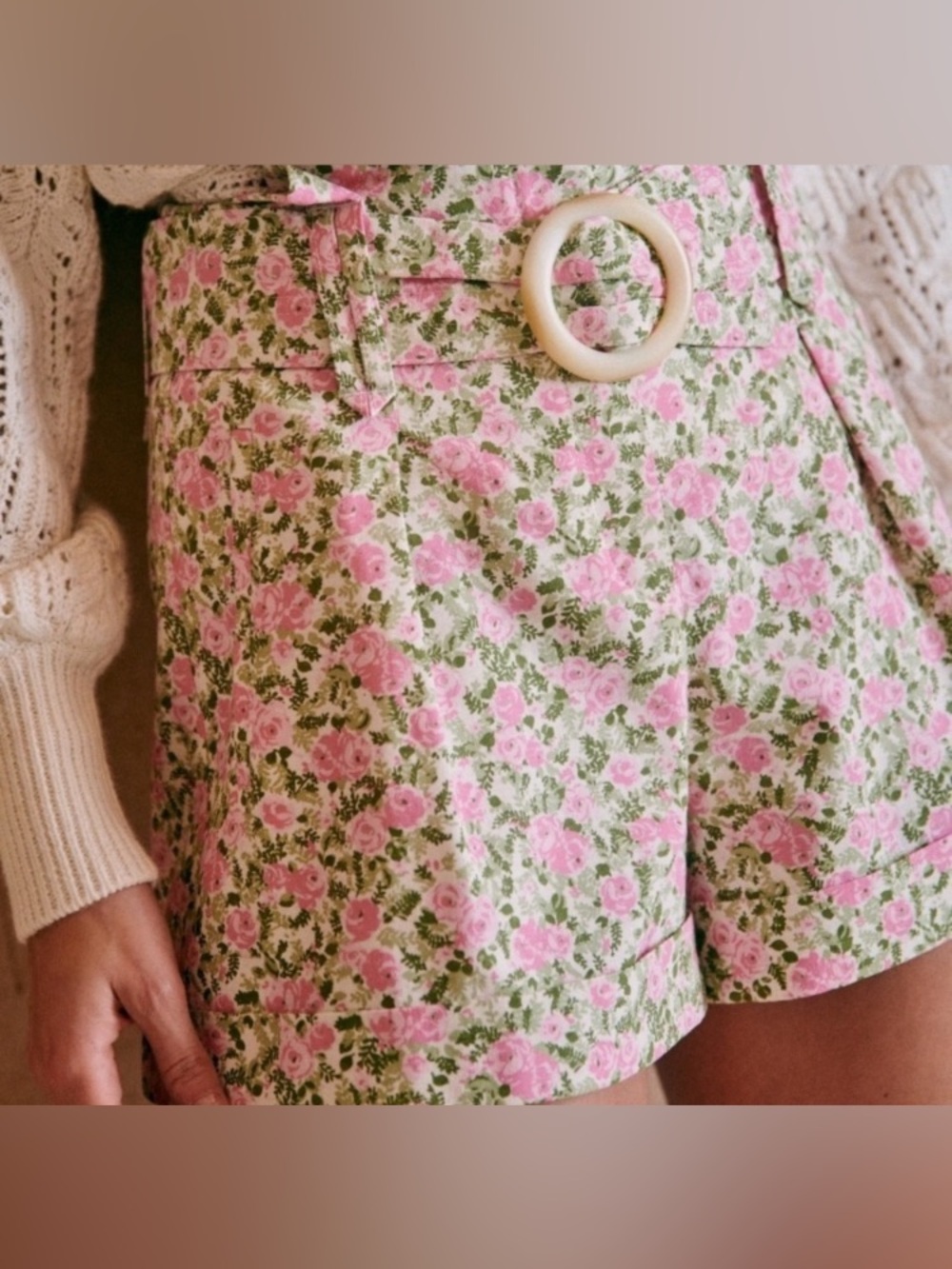 Sezane Rome High Waisted Belted Shorts Peony Linen Blended Size 38